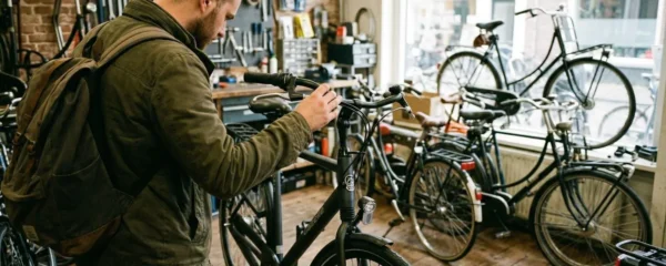 Une personne vue de dos examine un vélo de ville dans une boutique spécialisée, lumière naturelle de vitrine