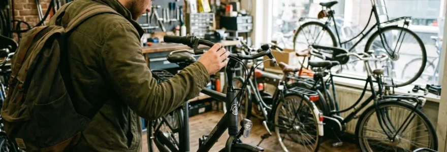 Une personne vue de dos examine un vélo de ville dans une boutique spécialisée, lumière naturelle de vitrine