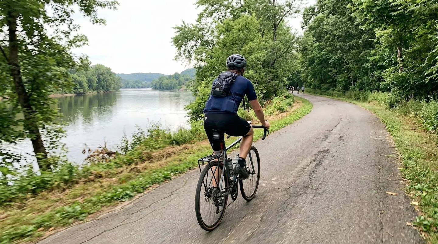 Cycliste de dos pédalant sur une piste cyclable en bord de rivière, lumière naturelle matinale