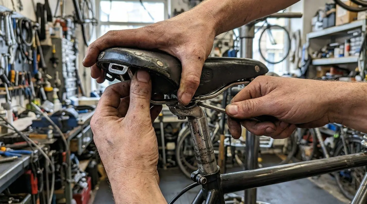 Gros plan sur des mains ajustant la selle d'un vélo hollandais dans un atelier de réparation
