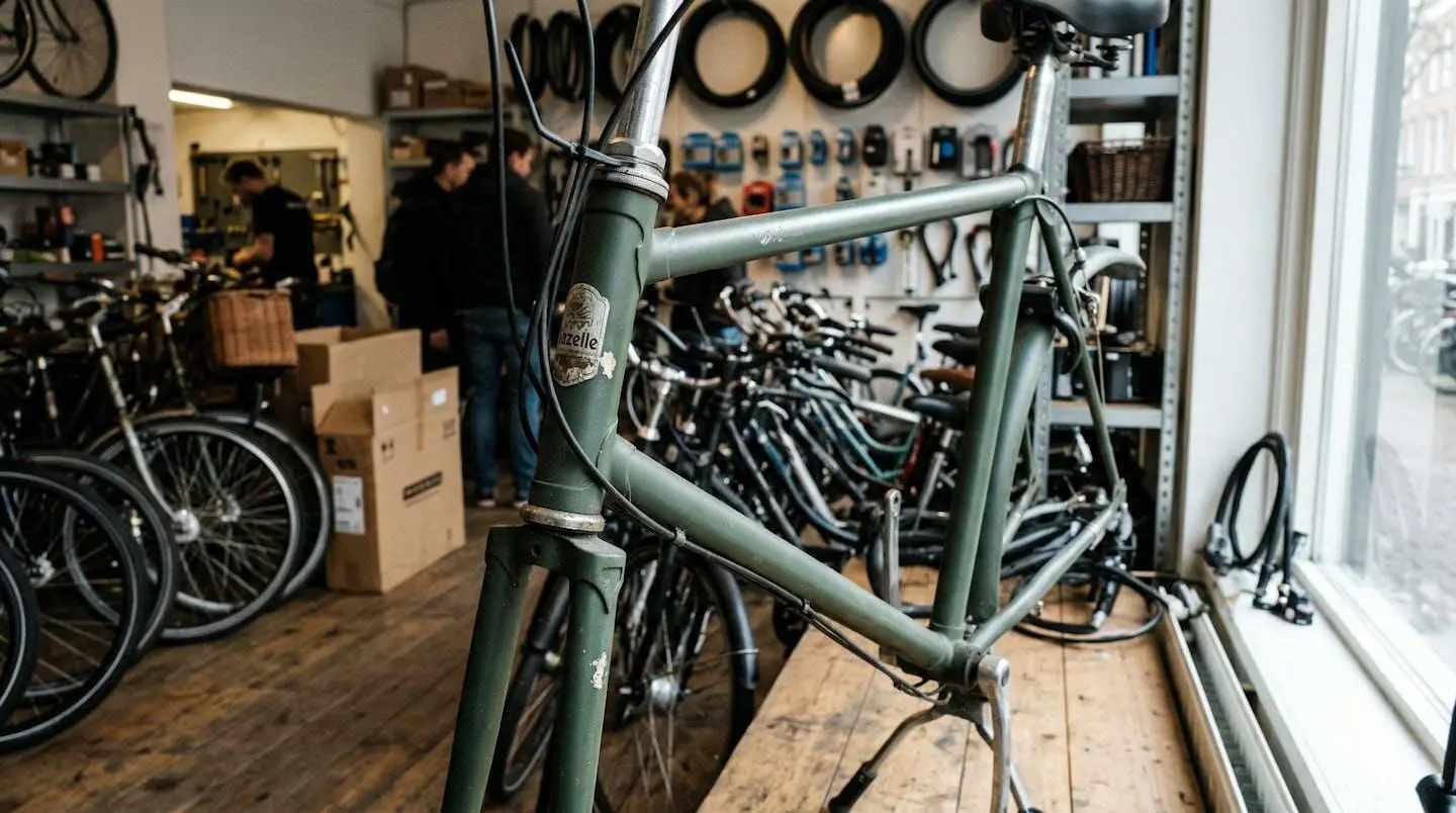 Vélo de ville hollandais Gazelle exposé dans une boutique, cadre bas visible, éclairage naturel